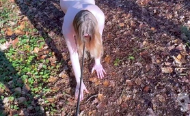 MILF slave on a leash gets pounded doggystyle outdoors
