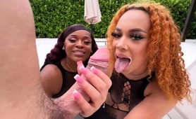 Ebony bombshells share white cock in interracial threesome