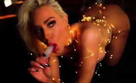 Busty Blonde Seductress Pleasuring Her Shaved Honey Hole